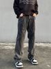 Unisex Retro Patchwork Embroidered Distressed Jeans - Relaxed Straight Fit, Raw Hem Detailing (Blue Wash & Black)_mkmklike.com