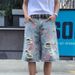 Men's Distressed Denim Shorts Rose Print Edgy Streetwear Style Comfortable Trendy Clothing_mkmklike.com
