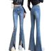 American-style Slit Micro-flare Jeans For Women, Spring/summer, Light Blue, High-waisted, Stretchy, Narrow Wide-leg With_mkmklike.com