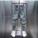 Men's Slim Fit Patchwork Jeans Blue Washed Distressed Elastic Waist Jogger Pants Trendy Spring Style_mkmklike.com