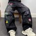 Men's Cool Stylish Splatter Paint Graffiti Black Faux Ripped Jeans Trendy Micro Pattern Design Wide Leg Trousers_mkmklike.com