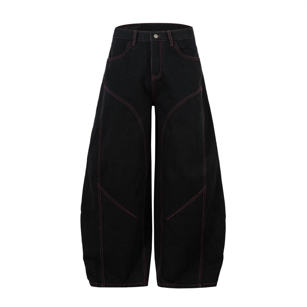 Silhouette Scimitar Jeans Men's High Street Trend Deconstructed Patchwork Distressed Washed Wide-Leg Long Pants Workwear_mkmklike.com