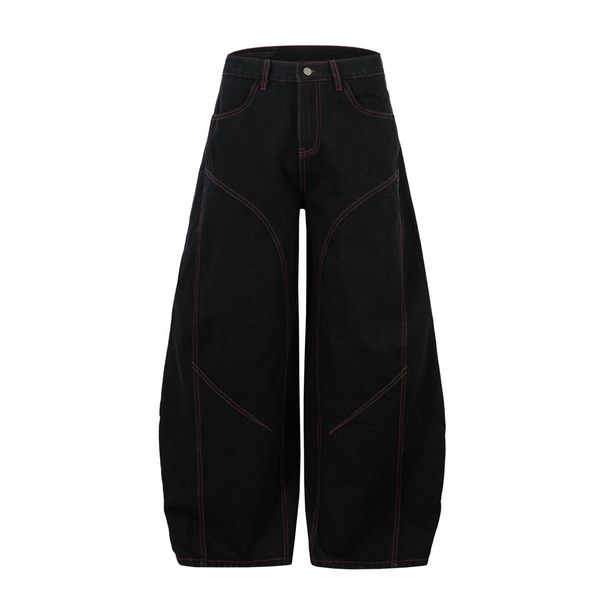 Silhouette Scimitar Jeans Men's High Street Trend Deconstructed Patchwork Distressed Washed Wide-Leg Long Pants Workwear_mkmklike.com