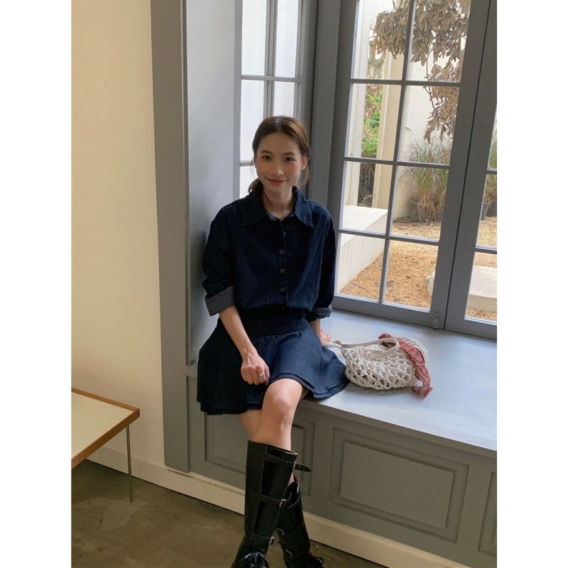 Chicco Korean Style Sweet Cool Girl Turn-down Collar Slimming Denim Shirt + High Waist Ruffled Short Skirt Set_mkmklike.com