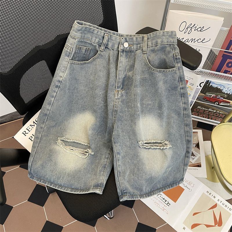 Men's Clothing Pants Fashion Washed Ripped Denim Shorts Thin Loose Retro Handsome Shorts_mkmklike.com