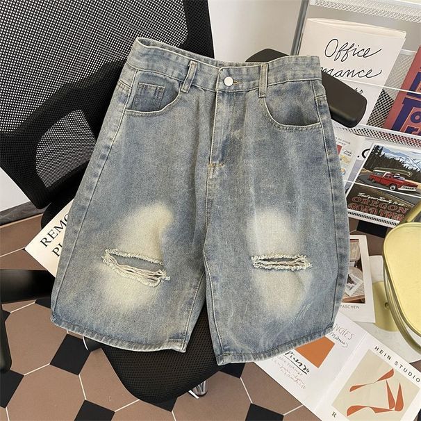 Men's Clothing Pants Fashion Washed Ripped Denim Shorts Thin Loose Retro Handsome Shorts_mkmklike.com