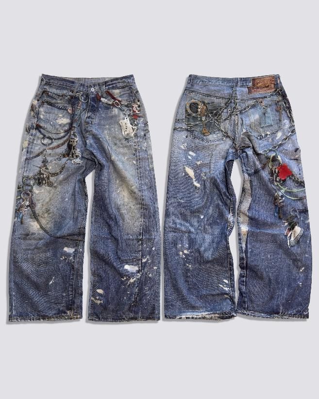 Women's Clothing Printed Flower Trompe L'oeil Vintage Distressed Heavy Low Waist Loose Jeans_mkmklike.com