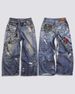 Women's Clothing Printed Flower Trompe L'oeil Vintage Distressed Heavy Low Waist Loose Jeans_mkmklike.com