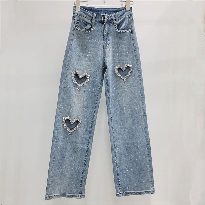Women Spring And Summer Heart Shaped Hot Diamond New Style Personality Fashionable Wide Leg Straight Leg Floor Length Trousers Jeans_mkmklike.com