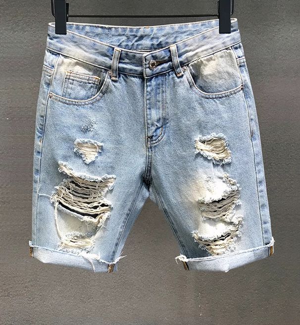 Men's Clothing Raw Edge Large Hole Denim Shorts Men's Casual Versatile Trendy Mid Length Pants Beggar Pants_mkmklike.com