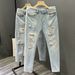 Summer Small Leg Jeans Ripped Beggar Nine Quarter Men's 2024 New Rolled Edge Slim Fit Casual Pants_mkmklike.com