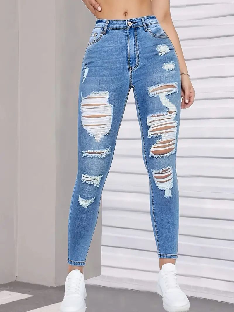 Women's High Waist Ripped Stretch Skinny Jeans - Trendy Distressed Denim Pants With Comfort Fit (S-XXL, Light Blue)_mkmklike.com