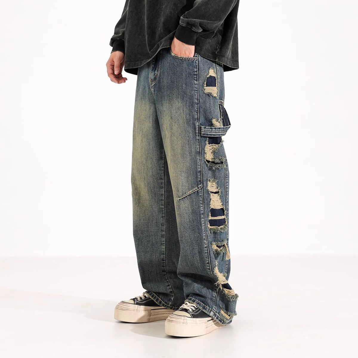 Men's Clothing Autumn Hard Work High Waist Washed Side Big Hole Wide Leg Handsome And Slim Distressed Jeans_mkmklike.com