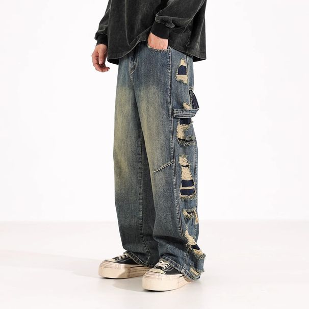Men's Clothing Autumn Hard Work High Waist Washed Side Big Hole Wide Leg Handsome And Slim Distressed Jeans_mkmklike.com