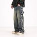 Men's Clothing Autumn Hard Work High Waist Washed Side Big Hole Wide Leg Handsome And Slim Distressed Jeans_mkmklike.com