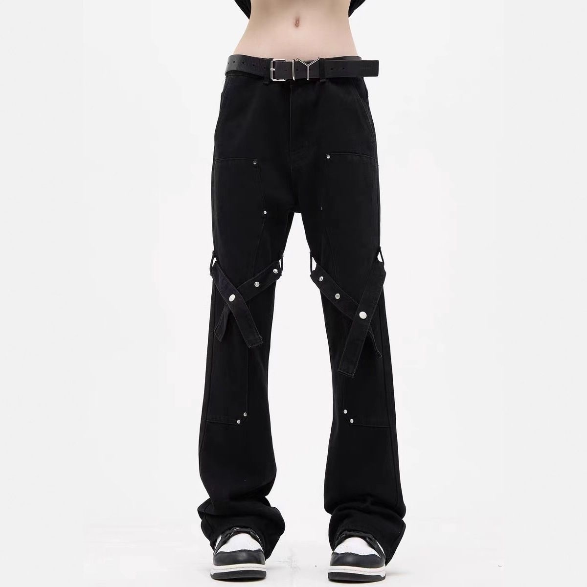 Men's Black High Street Straight Leg Jeans Casual Cargo Pants Lace Up Flared American Style Vibe Design_mkmklike.com