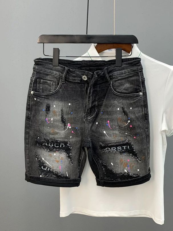 2025 Spring And Summer Fashion Men's Washed, Ripped, Patch, Ink Splashed Slim Fit Small Foot Gray Black Denim Shorts Men_mkmklike.com