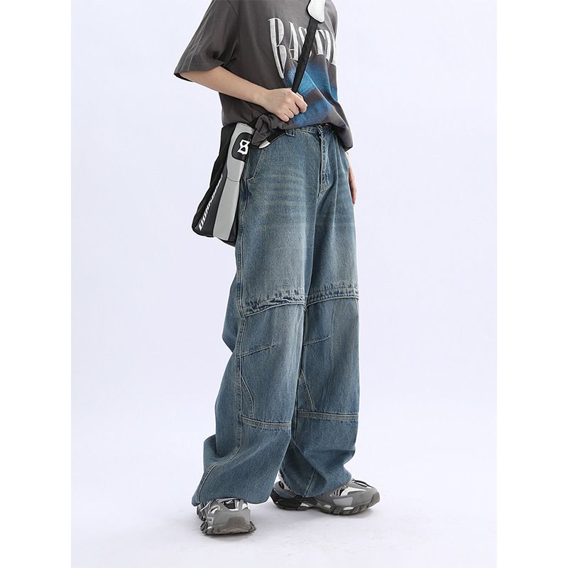 Nordmann Men's Cargo Jeans Japanese Retro Loose Wide-Leg Casual Trendy High Street Straight-Leg Stylish Patchwork Long Pants_mkmklike.com
