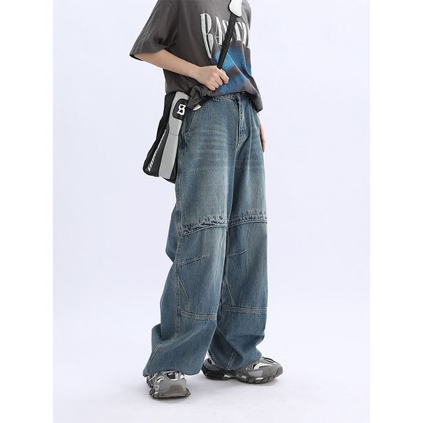 Nordmann Men's Cargo Jeans Japanese Retro Loose Wide-Leg Casual Trendy High Street Straight-Leg Stylish Patchwork Long Pants_mkmklike.com
