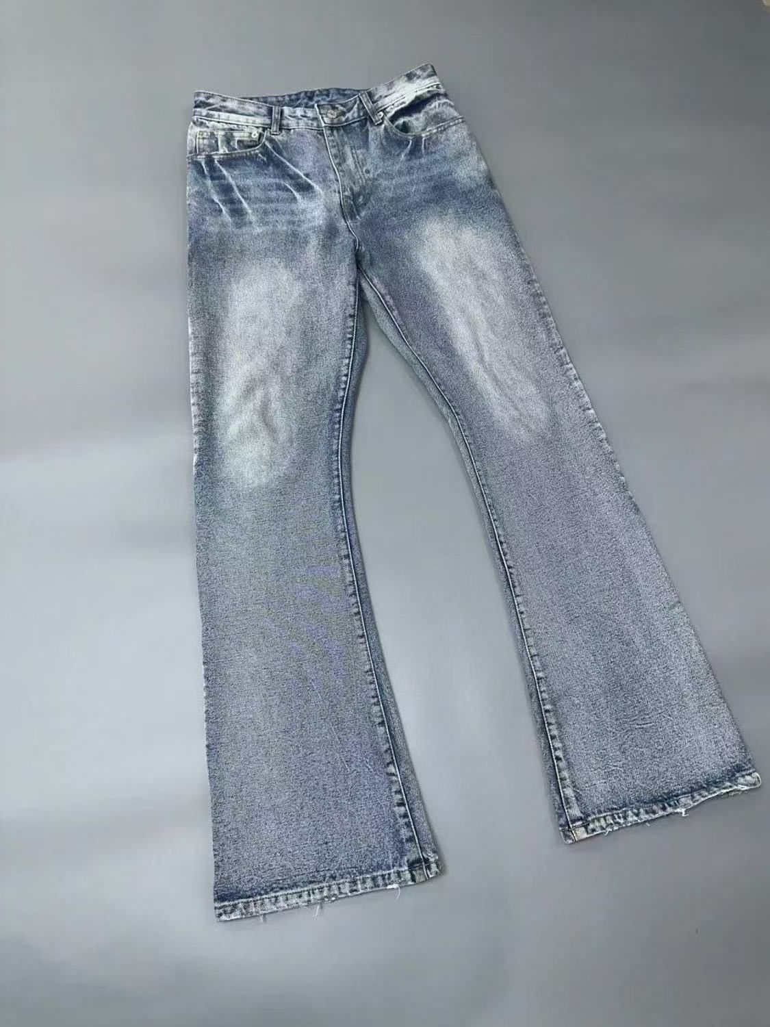 Men's Clothing Paris Style Flared Lost Videotape Ice Blue Washed Damaged Flared Jeans Clean Fit Style_mkmklike.com