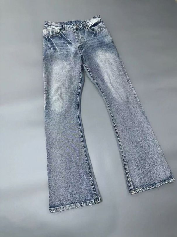 Men's Clothing Paris Style Flared Lost Videotape Ice Blue Washed Damaged Flared Jeans Clean Fit Style_mkmklike.com