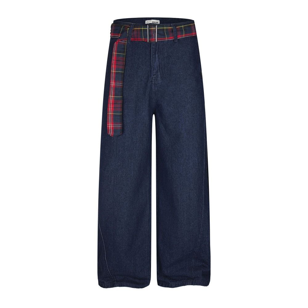 Plaid Belt Cargo Jeans Trendy Loose Men's Straight Long Vibe Design Casual Wide-Leg Pants_mkmklike.com