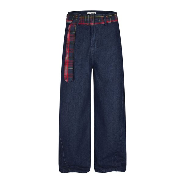 Plaid Belt Cargo Jeans Trendy Loose Men's Straight Long Vibe Design Casual Wide-Leg Pants_mkmklike.com