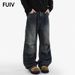 FUIV American Style Jeans Men's Summer Design Sense Fashion Trend Washed And Worn Workwear Wide Straight Leg Pants_mkmklike.com
