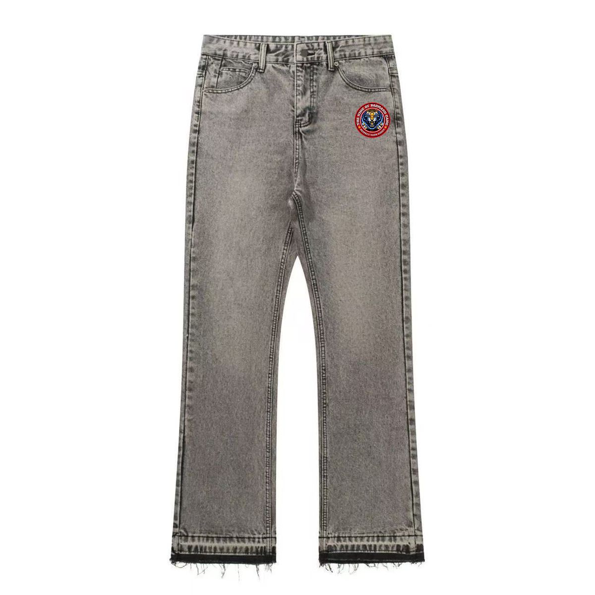 Cross Border Men's Washed Vintage Denim Jeans With Tasseled Cuffs And Color Blocked Design, Featuring A Tiger Head Motif._mkmklike.com