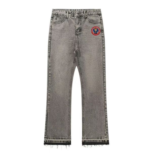 Cross Border Men's Washed Vintage Denim Jeans With Tasseled Cuffs And Color Blocked Design, Featuring A Tiger Head Motif._mkmklike.com