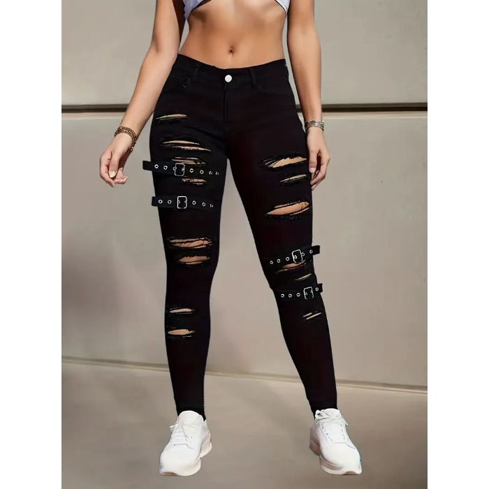 Women's Ripped Skinny Jeans – High-Waisted Stretch Denim With Distressed Details & Belt Loops (Black)_mkmklike.com