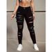 Women's Ripped Skinny Jeans – High-Waisted Stretch Denim With Distressed Details & Belt Loops (Black)_mkmklike.com