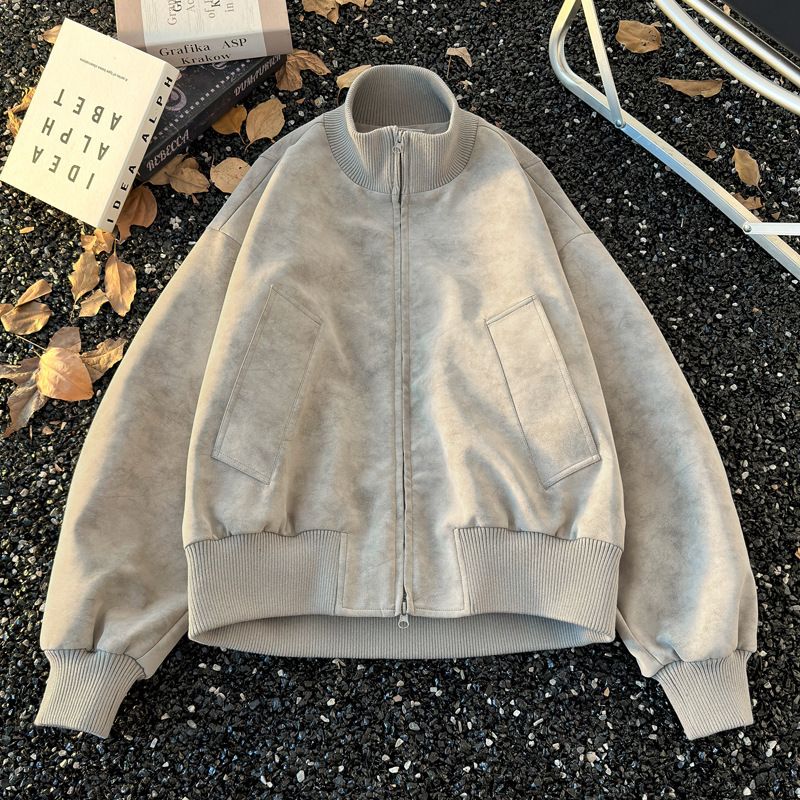 Gray Stand-up Collar Short Silhouette For Men, Autumn American Retro Aviator Coat, Stylish Workwear Biker Jacket_mkmklike.com