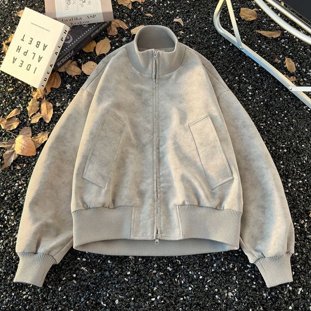 Gray Stand-up Collar Short Silhouette For Men, Autumn American Retro Aviator Coat, Stylish Workwear Biker Jacket_mkmklike.com