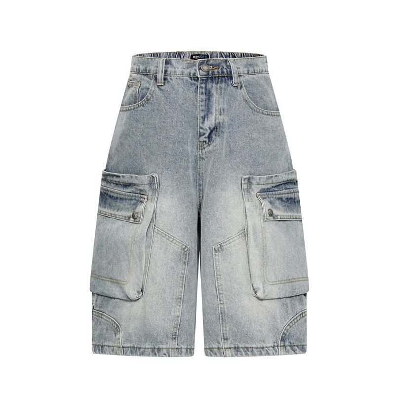 Retro Style Washed Distressed Denim Shorts Exposed Stitching Large Pockets Cropped Wide Leg Design For Men And Women_mkmklike.com