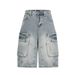 Retro Style Washed Distressed Denim Shorts Exposed Stitching Large Pockets Cropped Wide Leg Design For Men And Women_mkmklike.com