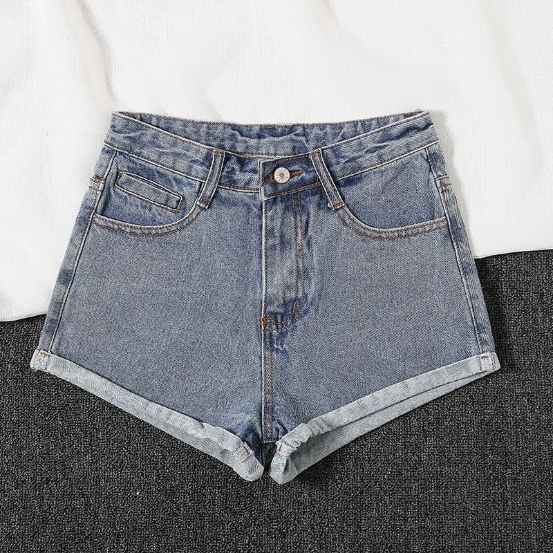 High Waist Rolled Hem Denim Shorts Women Loose Fit Black Gray Wide Leg Summer Shorts_mkmklike.com