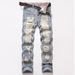 Young Men's Street Style Heavy Duty Ripped And Patched Fashionable Personality Denim Trousers_mkmklike.com