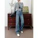 Women's Fleece-lined Wide-leg Jeans, Thickened Winter, Korean Style, High-waisted, Casual, Vintage Retro Blue, In Stock_mkmklike.com
