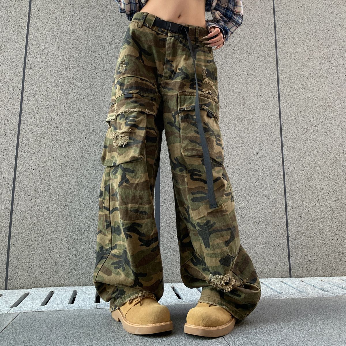 Unisex American Streetwear Baggy Wide-Leg Jeans With Stretchy Waist & Camo Print - Retro Washed Denim Work Pants For Men & Women_mkmklike.com