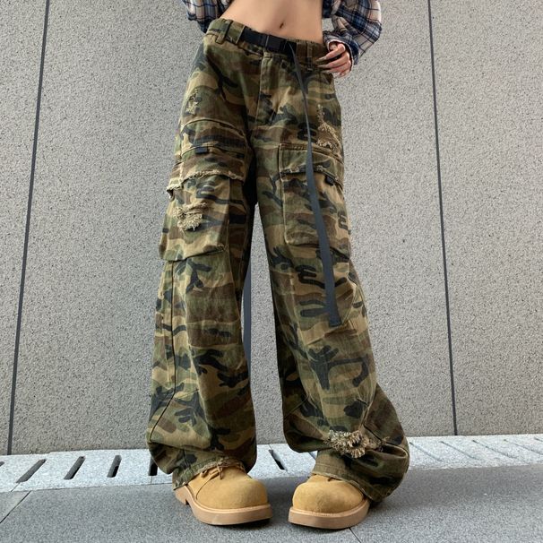 Unisex American Streetwear Baggy Wide-Leg Jeans With Stretchy Waist & Camo Print - Retro Washed Denim Work Pants For Men & Women_mkmklike.com