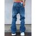 Men's Retro Washed Blue Straight Leg Jeans Loose Fit Wide Leg Floor Length Pants Simple Design_mkmklike.com