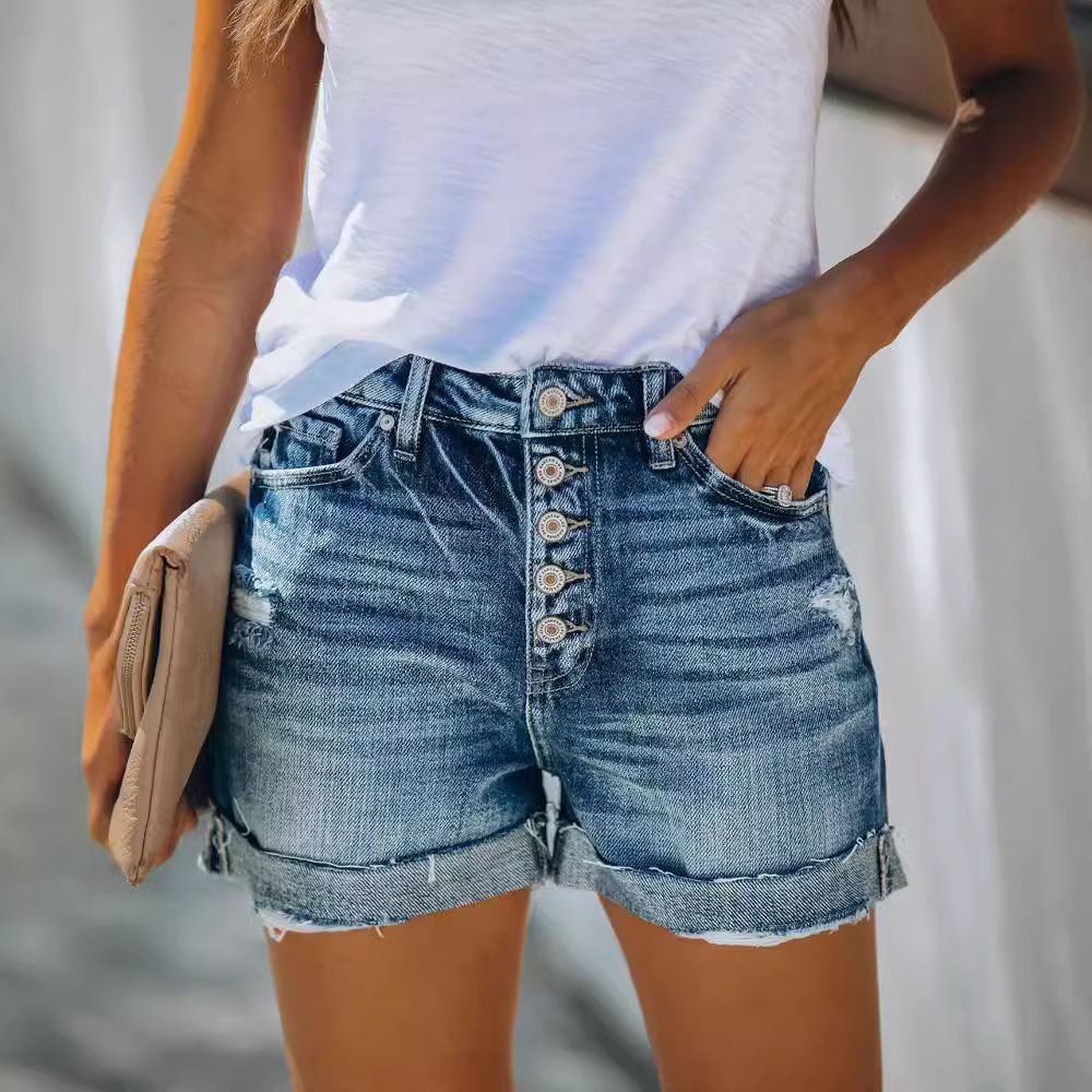 Popular High-waisted Rolled Hem Denim Shorts_mkmklike.com