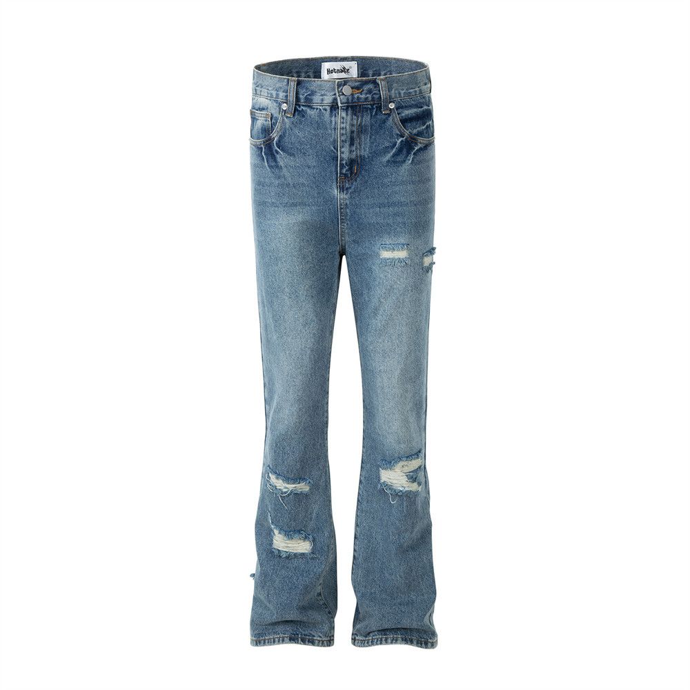 American Style Distressed Jeans For Men Loose Street Fashion Cool Long Washed White Ripped Casual Straight Pants_mkmklike.com
