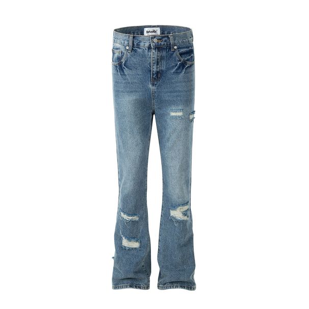 American Style Distressed Jeans For Men Loose Street Fashion Cool Long Washed White Ripped Casual Straight Pants_mkmklike.com