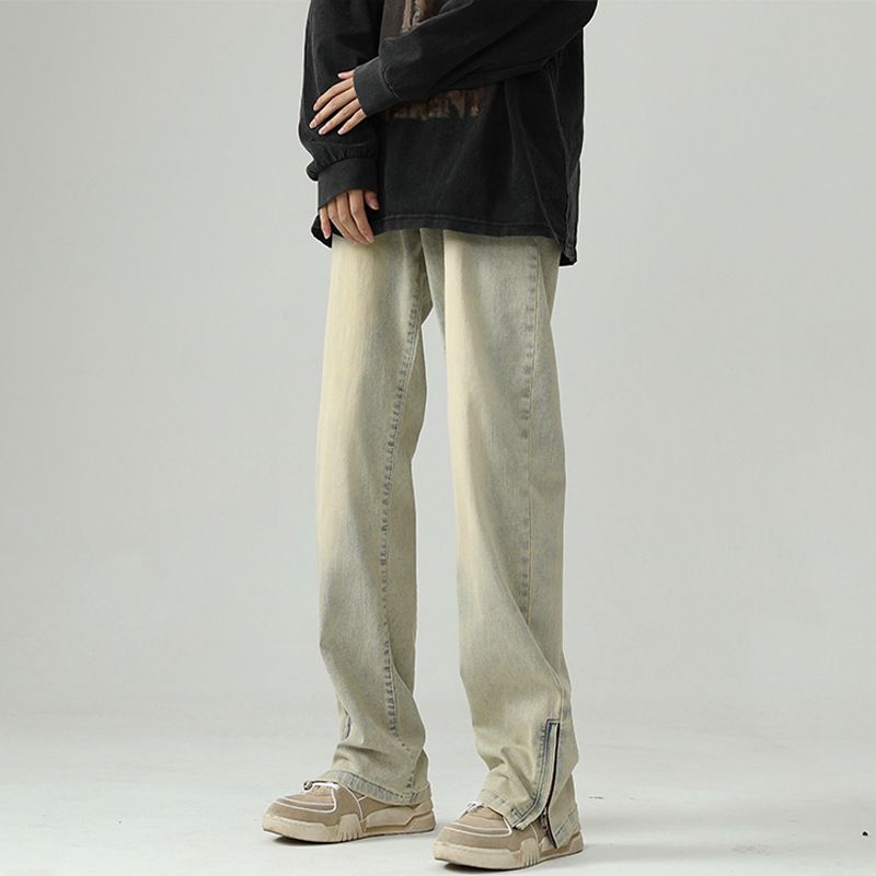 Nordmann Yellow Mud Color Jeans Men Design Sense Zipper Split Autumn Winter American High Street Hiphop Straight Casual Pants_mkmklike.com