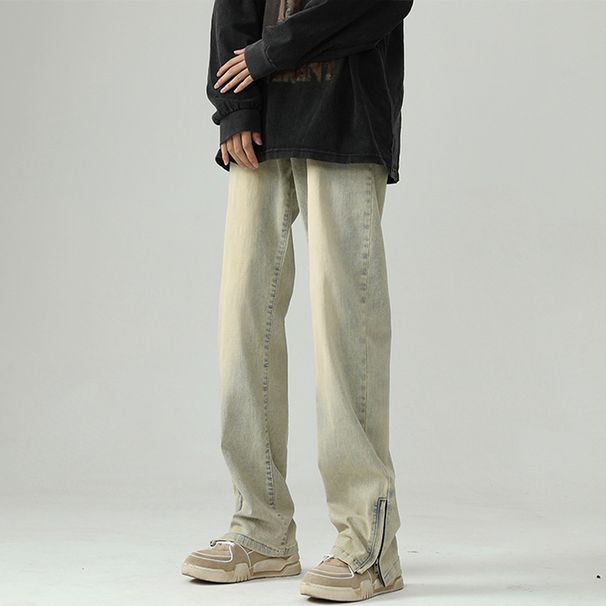 Nordmann Yellow Mud Color Jeans Men Design Sense Zipper Split Autumn Winter American High Street Hiphop Straight Casual Pants_mkmklike.com