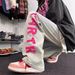 Rose Red Plush Letter Design, Niche Jeans, Oldschool American Style Pants, Trendy Straight Leg Pants_mkmklike.com