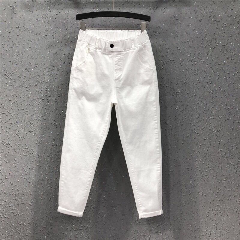 ELLE White Jeans For Women, Nine Points, Casual Spring And Autumn, Student Korean Style, Loose Fit, Slimming, Elastic Waist,_mkmklike.com
