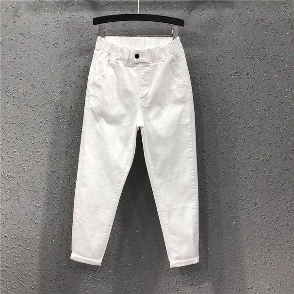 ELLE White Jeans For Women, Nine Points, Casual Spring And Autumn, Student Korean Style, Loose Fit, Slimming, Elastic Waist,_mkmklike.com